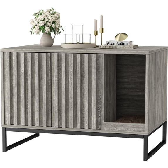 Fienveorn Litter Box Enclosure,Modern Cat Litter Box Enclosure Furniture Hidden Litter Box with Cat Scratch Pad, Cat Washroom Cat House End Table, Entryway Bench for Livingroom (Grey)