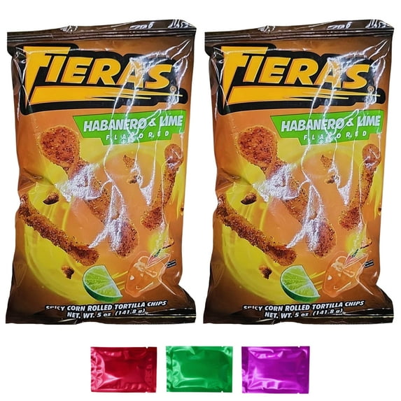 Fieras Habanero and Lime Flavored Spicy Corn Rolled Tortilla Chips, Party Movie Night Sour Hot Spicy Snacks - Holiday Halloween Christmas, 5 oz 2 Packs w/Bonus Snoep in Beperkte Oplage