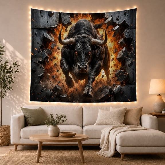 Fierce Black Bull in Fiery Explosion, Powerful Dramatic Fantasy for Wildlife Fans, Animal Wall Art, Housewarming Gift Tapestry Wall Hanging for Living Room & Bedroom