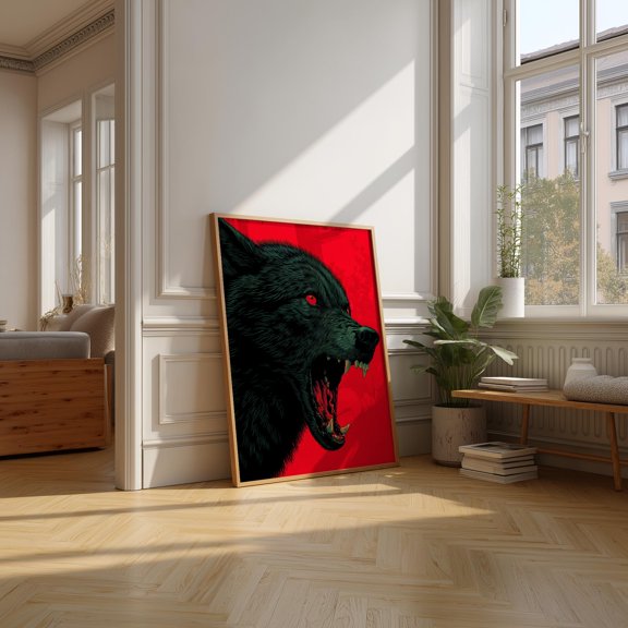 Fierce Black Wolf Gothic Fantasy Poster Red Background , Poster Print Only