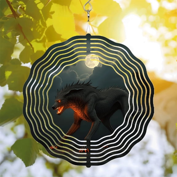Fierce Black Wolf Metal Wind Spinner - Circular White Line Design Illuminated by Full Moon Perfect for Yard & Garden Decor