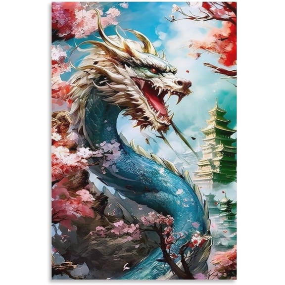 Fierce Dragon Canvas Interior Painting Japanese Style Illustration Art Panel Wall Picture Poster Wall Decor Sofa Background Painting Entrance Wall Decor Painting 12x16 inch Unframed