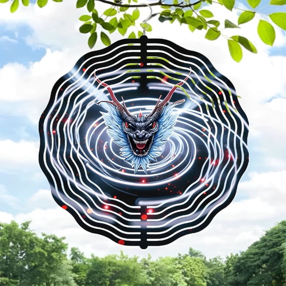 Fierce Dragon Metal Hanging Wind Spinner - Vortex Design with Teeth & Glowing Eyes - Perfect for Yard & Garden Decor