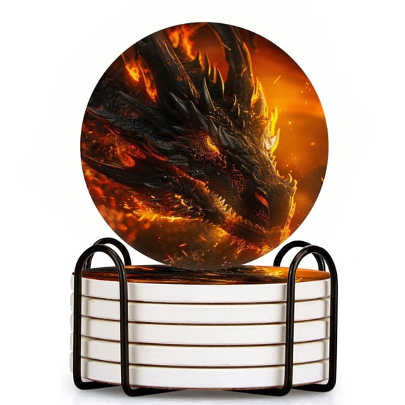 Fierce Dragon Scales Aglow With Intense Fire Set of 6 Ceramic Coasters with Holder, Absorbent Drink Bar Coasters, Table Coasters for Living Room Decor Tabletop Protection