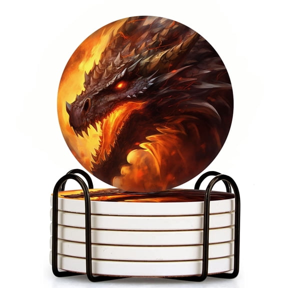 Fierce Dragon With Sharp Teeth And Glowing Eyes Set of 6 Ceramic Coasters with Holder, Absorbent Drink Bar Coasters, Table Coasters for Living Room Decor Tabletop Protection
