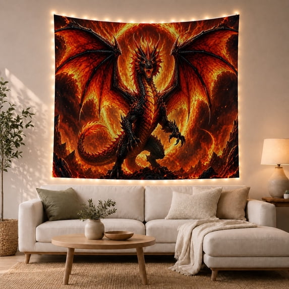 Fierce Dragon in a Volcanic Inferno, Dramatic Fantasy Art for Mythical Creatures Fans, Dark Fantasy Decor Halloween Gift Tapestry Wall Hanging for Bedroom, Living Room and Dorm