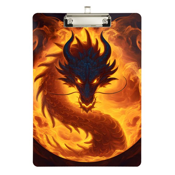 Fierce Dragon with Fire Acrylic Clipboard Drawing Board with Hook Writing Pad File Storage A4 Size Silver 12.5" x 9"