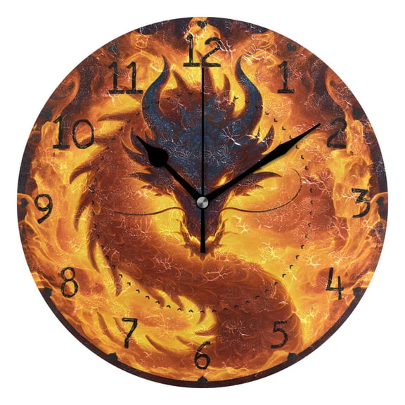 Fierce Dragon with Fire Round Wall Clock Silent Analog Battery Operated Black Pointer Home Decor 9.84" Diameter