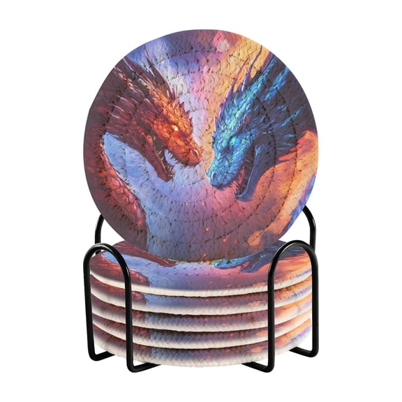 Fierce Dragons Facing Each Other Drinking Coasters Cup Mat with Holder for Kitchen Cafe Bar 6 Packs