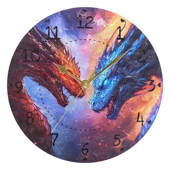 Fierce Dragons Facing Each Other Round Wall Clock Silent Analog Battery Operated Gold Pointer Home Decor 9.84" Diameter