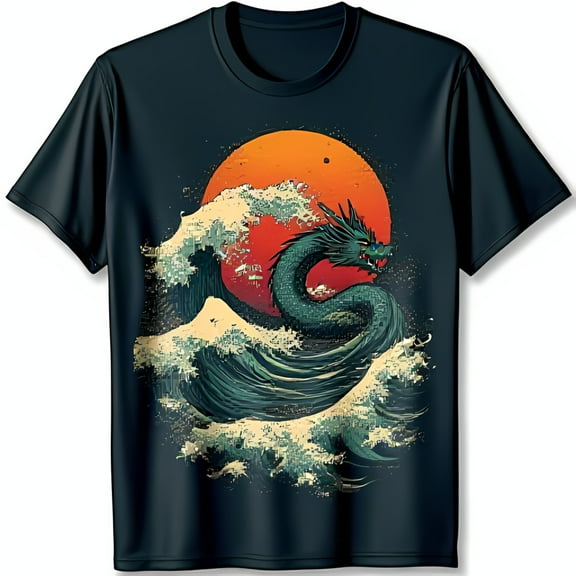 Fierce Emerging from Wave with Red Sun Japanese Art T-Shirt