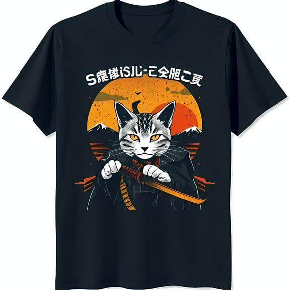 Fierce Feline Samurai Black T-Shirt with Bold Katana Graphic Unique Design