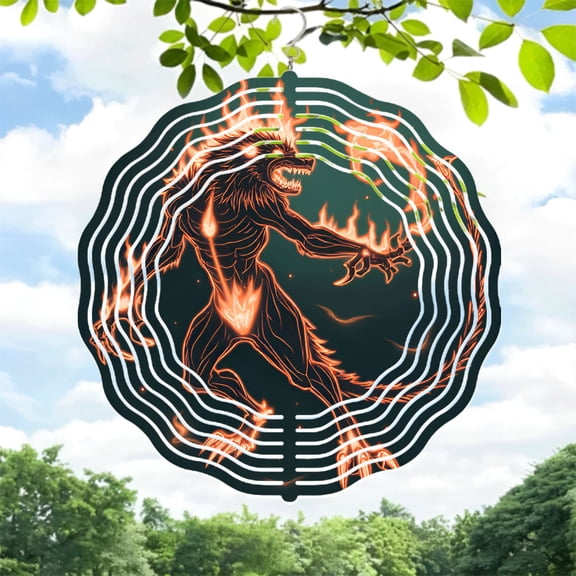 Fierce Fiery Wolf Metal Hanging Wind Spinner - Dynamic Design for Yard & Garden Mesmerizing Fire Pattern Perfect Wind Chime Decor