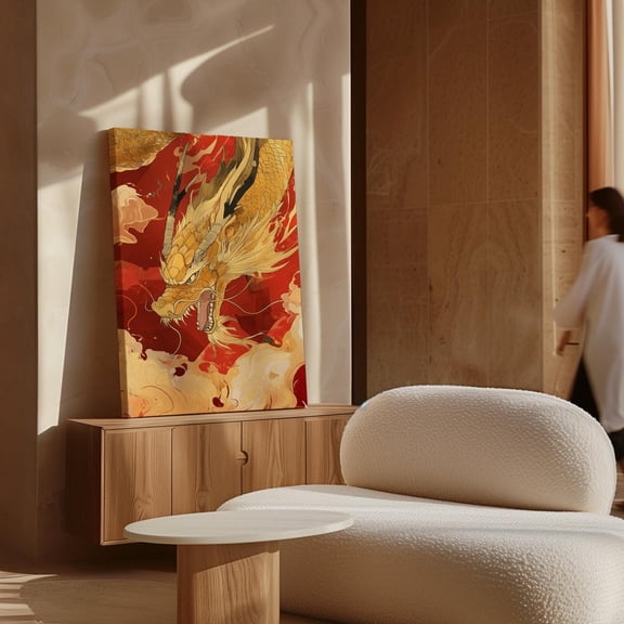 Fierce Golden Dragon Wall Art - Chinese Mythical Design On Red With Clouds For Bold And Elegant Oriental Decor Wall Art, Modern Wall Decor, 8x12 UNFRAMED