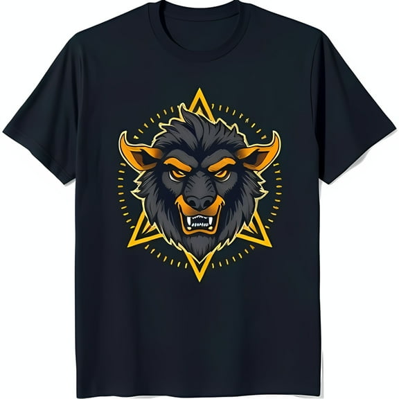 Fierce Head Graphic Black T-Shirt with Geometric Design