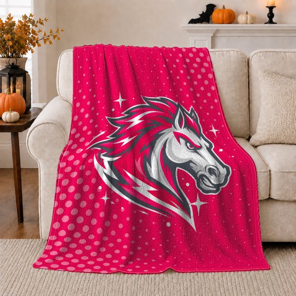 Fierce Horse Head Art Pink Polka Dots, Rustic Farmhouse Horse Scene, Warm Flannel Blanket for Ranch House and Living Room, Horse Lovers Housewarming Gift, Rustic Home Decor