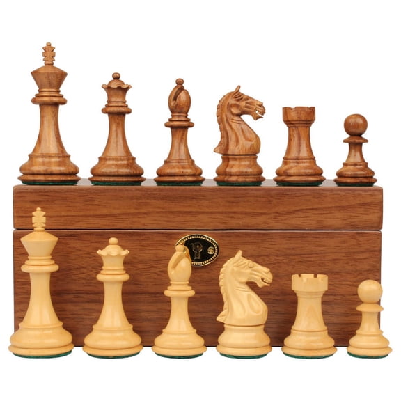 Fierce Knight Staunton Chess Set Golden Rosewood & Boxwood Pieces with Walnut Chess Box - 4" King