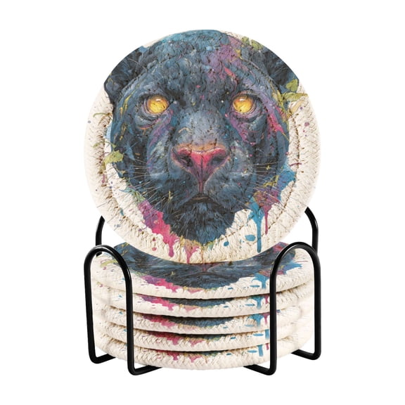 Fierce Leopard with Yellow Eyes Drinking Coasters Cup Mat with Holder for Kitchen Cafe Bar 6 Packs