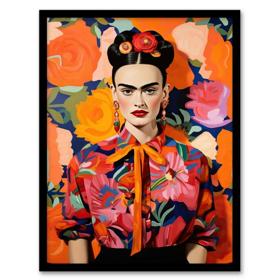 Fierce Mexican Artist Woman Vibrant Oil Painting Orange Pink Blue Bold Floral Portrait Art Print Framed Poster Wall Decor 12x16 inch