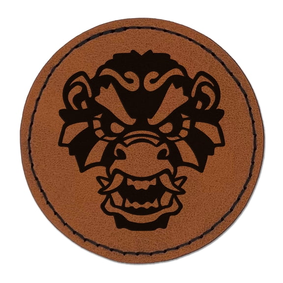 Fierce Monkey King Head 2.5" Faux Leather Round Engraved Iron-On Patch - Brown