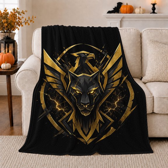 Fierce Mythical Wolf Eagle Emblem Art Modern Fantasy, Festive Festive Scene, Warm Flannel Blanket for Living Room and Bedroom, Cat Lovers Friendship Gift, Festive Home Decor