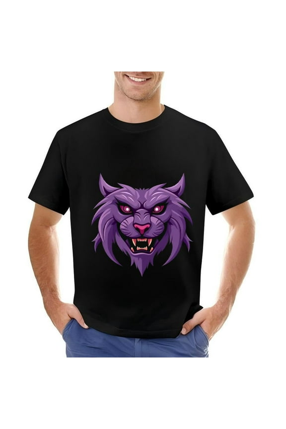 Fierce Purple Wolf Head Graphic Cotton Short Sleeve T-Shirt for Men - Bold Design with Teeth & Glowing Pink Eyes