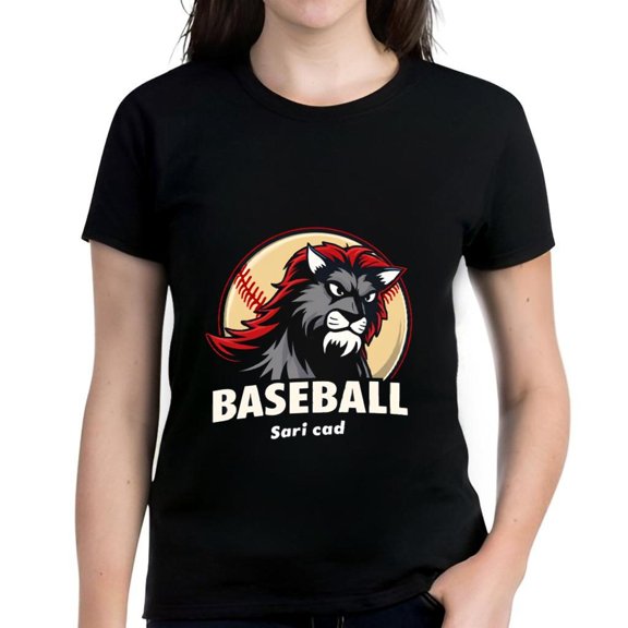 Fierce Red Wolf Graphic Cotton Short Sleeve T-Shirt for Women - Baseball Design with Bold " BASEBALL " Text