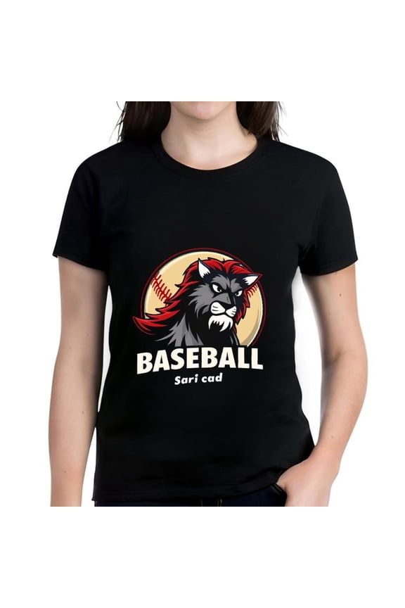 Fierce Red Wolf Graphic Cotton Short Sleeve T-Shirt for Women - Baseball Design with Bold " BASEBALL " Text