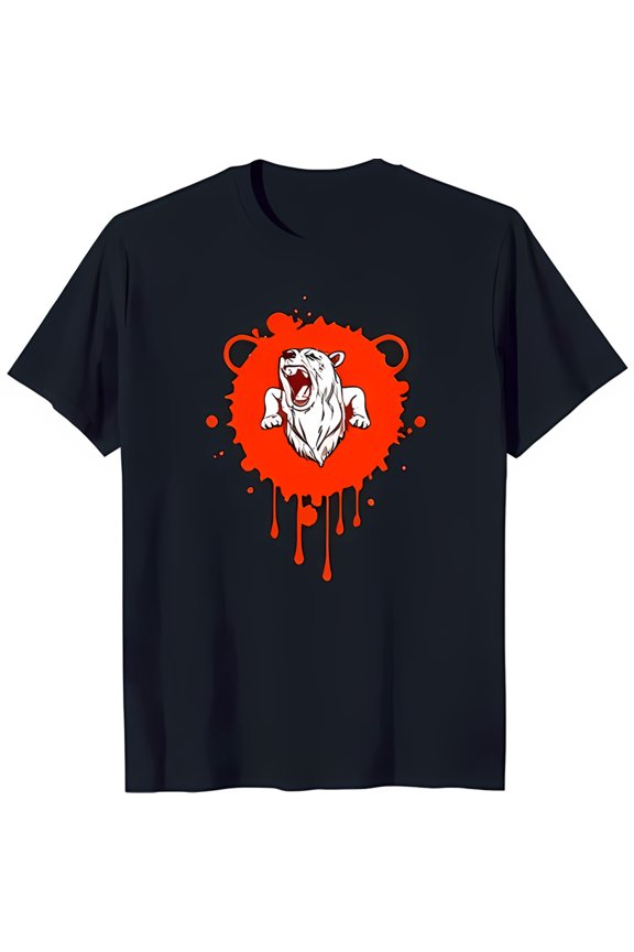 Fierce Roaring Graphic on Black T-Shirt with Red Splatter Design