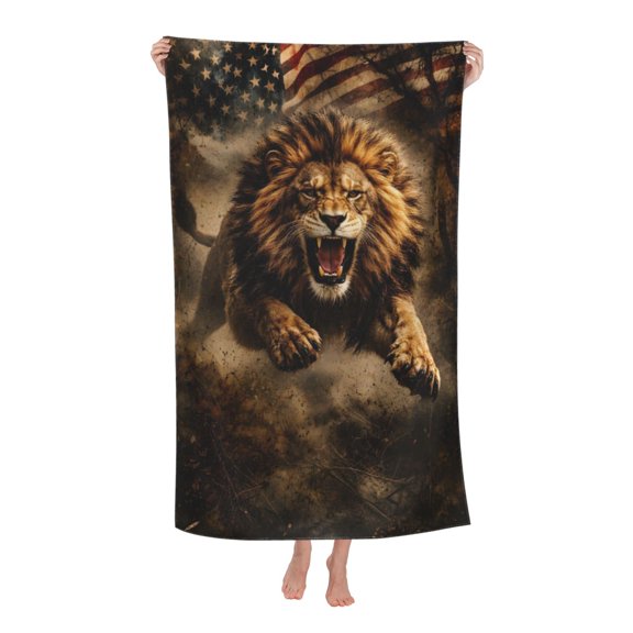 Fierce Roaring Lion With American Flag Bath Towel Soft and Highly Absorbent for Adults