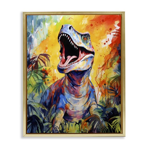 Stupell Industries Fierce Roaring T-Rex Gold Framed Floater Canvas Wall Art, design by Creative Studio, 31 x 25