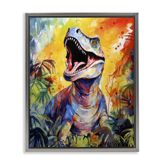Stupell Industries Fierce Roaring T-Rex Gray Framed Floater Canvas Wall Art, design by Creative Studio, 21 x 17