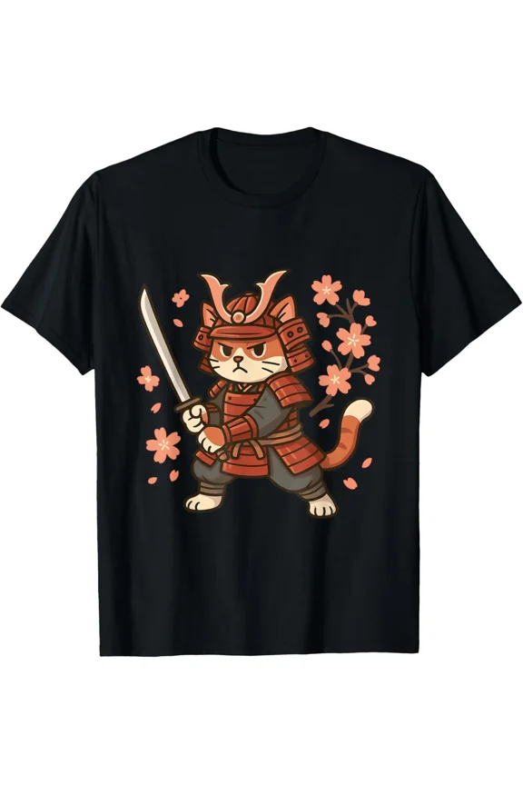 Fierce Samurai Cat with Katana and Blossoms Cartoon T-Shirt Gift for Dad, Mom, D