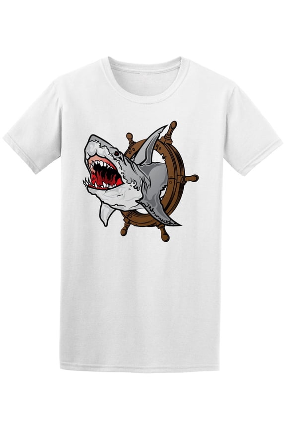 Fierce Shark On Ship Helm T-Shirt Men -Image by Shutterstock, Male Large
