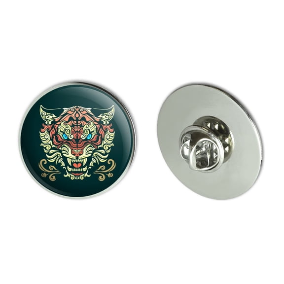 Fierce Snarling Tribal Tiger Oni  Metal 1.1" Tie Tack Hat Lapel Pin Pinback