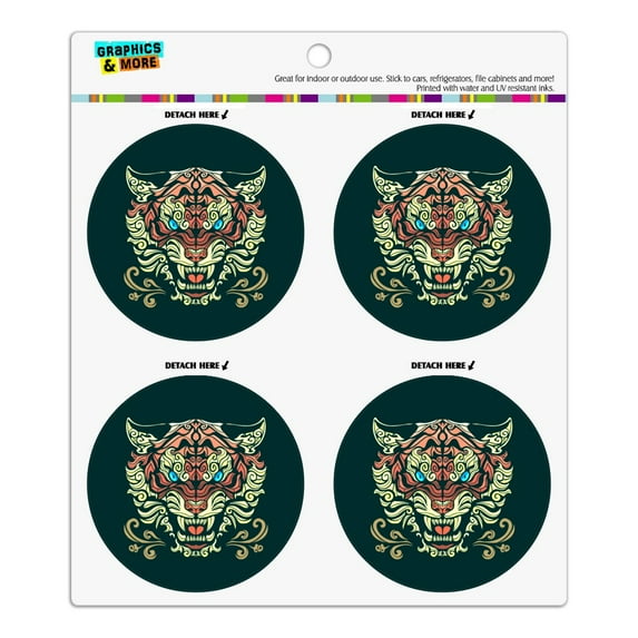 Fierce Snarling Tribal Tiger Oni Refrigerator Fridge Locker Vinyl Circle Magnet Set