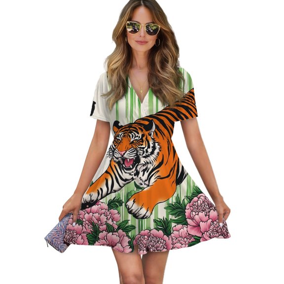 Fierce Tiger Among Peonies Roars Women Dress V-Neck Short Sleeve Flowy Swing Party Midi Dress