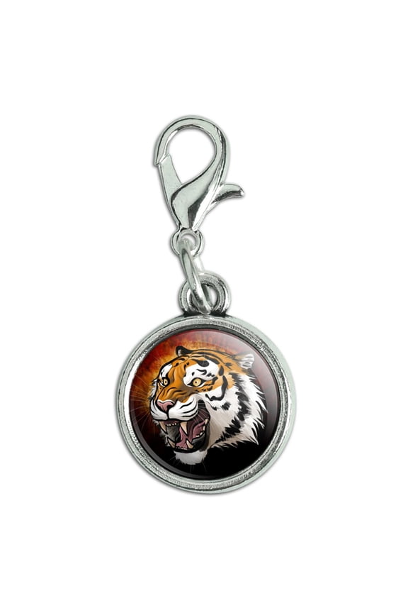 Fierce Tiger Antiqued Bracelet Pendant Zipper Pull Charm with Lobster Clasp