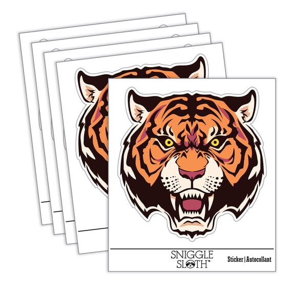 Fierce Tiger Face Car Window Bumper Water Bottle Phone Tablet Laptop Waterproof Vinyl Decal Sticker Set 5-Pack - Gloss Finish - 4.0"