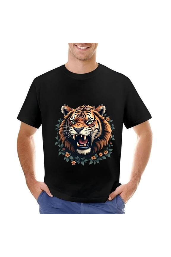 Fierce Tiger Face Cotton Short Sleeve T-Shirt for Men - Bold Orange and Black
