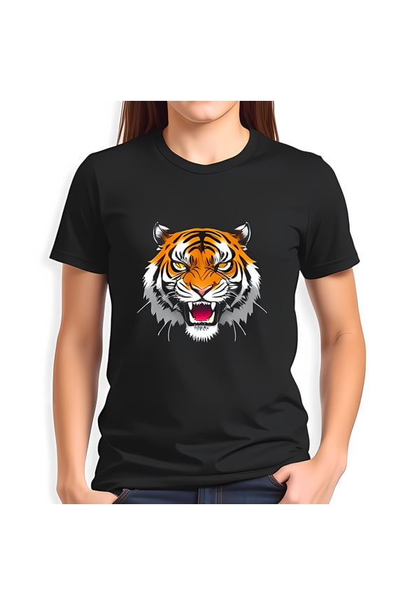 Fierce Tiger Graphic Cotton Short Sleeve T-Shirt - Bold Black Tee with Vivid Orange and Black Stripes