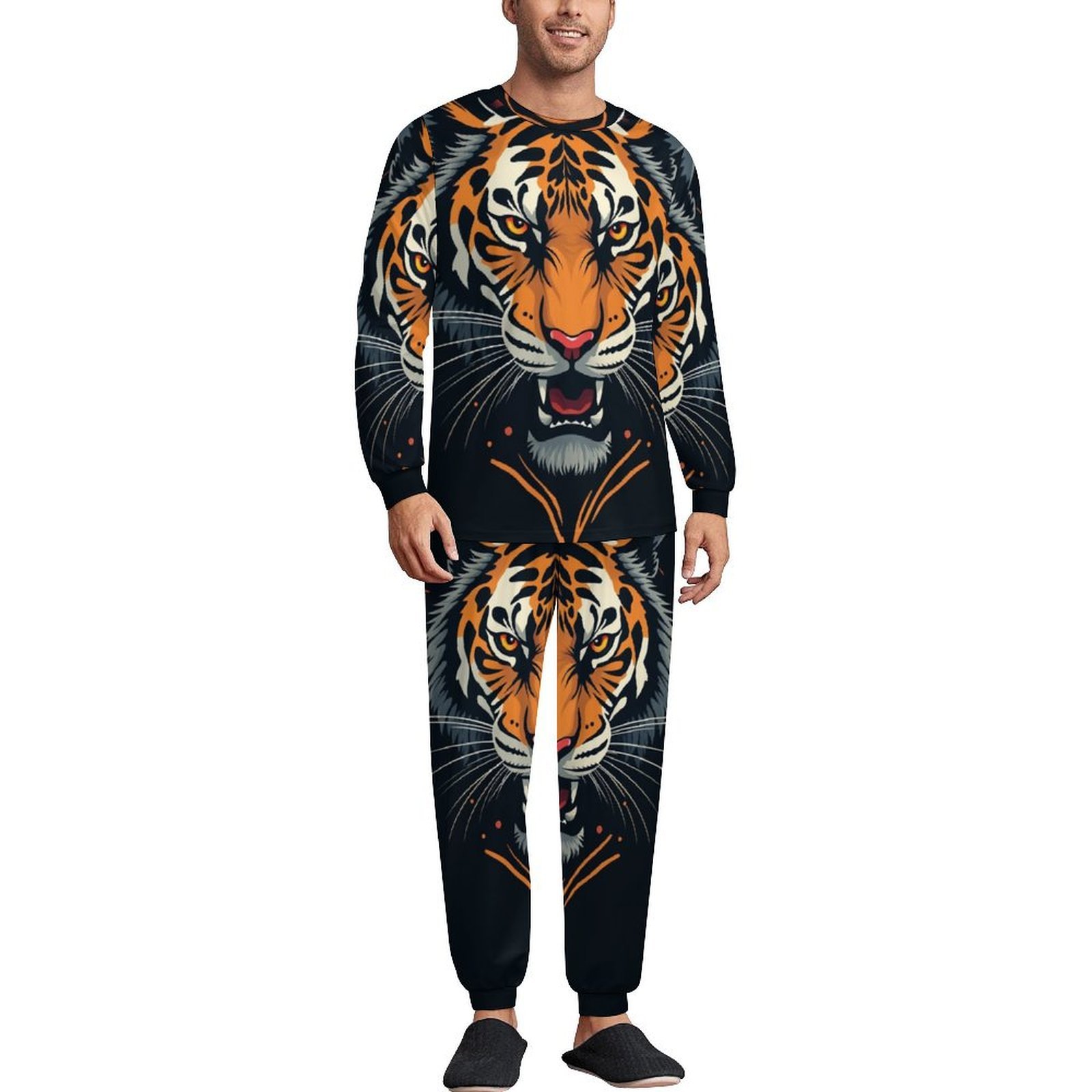 Fierce Tiger Head Snarling Dark Background Pajamas Man Warm Sleepwear ...
