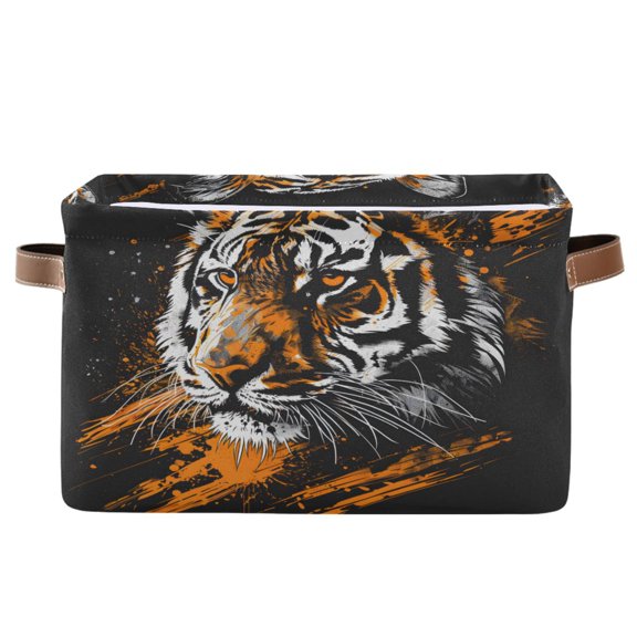 Fierce Tiger Head Storage Bins with Handle Fabric Organizer Basket Foldable Box 1 Pack 14.2x10.2x8.3