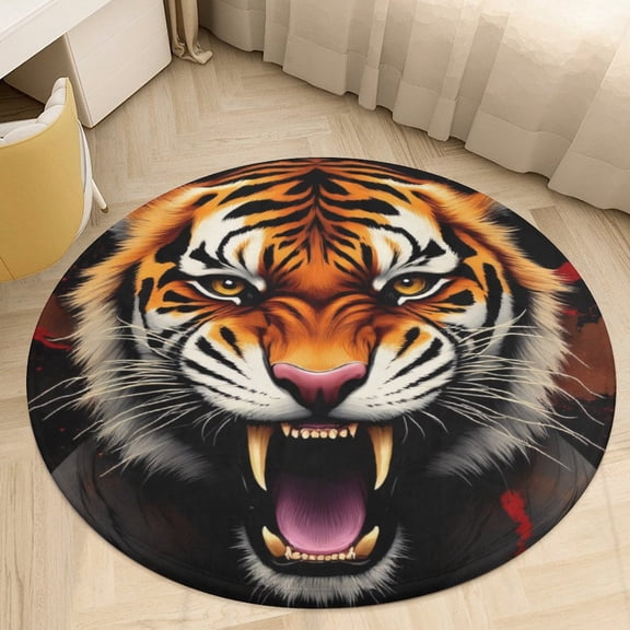 Fierce Tiger Roar Print Round Area Rugs for Bedroom Living Room, 4FT Soft Comfy Indoor Circle Carpets, Floor Mat