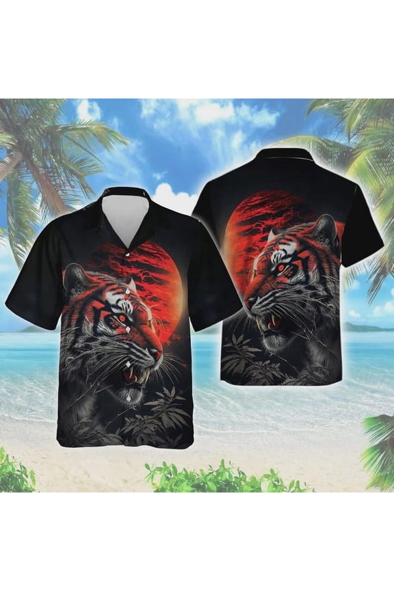 , Tiger Pictured Button Down Shirt, Roaring Wildcat Pattern Aloha Shirt, Wildlife Shirt