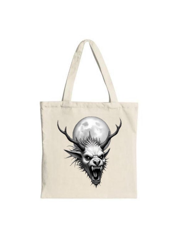 Fierce Wolf Antler Tote Bag - Bold Black & White Illustration with Full Moon Perfect for Shopping Travel & Parties