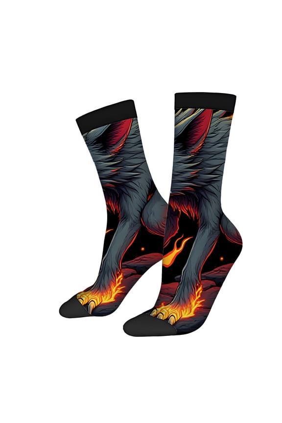 Fierce Wolf Design Socks (2 Pairs) - Vibrant Black Unisex Trendy Socks with Fiery Accents for All Seasons - Mixed Color Pattern