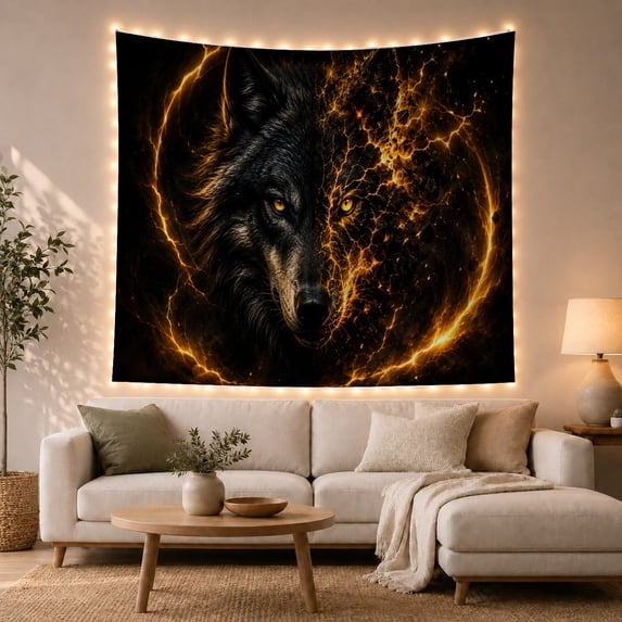 Fierce Wolf Face in a Fractured Fiery Landscape, Mysterious Gothic for Wildlife Enthusiasts, Dark Fantasy Wall Art, Halloween Gift Tapestry Wall Hanging for Living Room and Bedroom