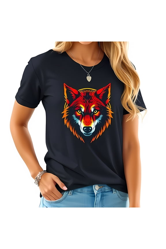 Fierce Wolf Graphic Cotton Short Sleeve T-Shirt - Vivid Red & Orange Illustration on Black Fabric