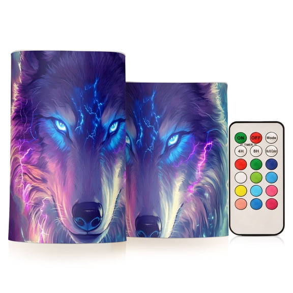 Fierce Wolf Head Clouds Lightning Flickering Flameless Candles LED Tealight Battery Operated with Remote Set of 2 Holiday Decor Ornaments